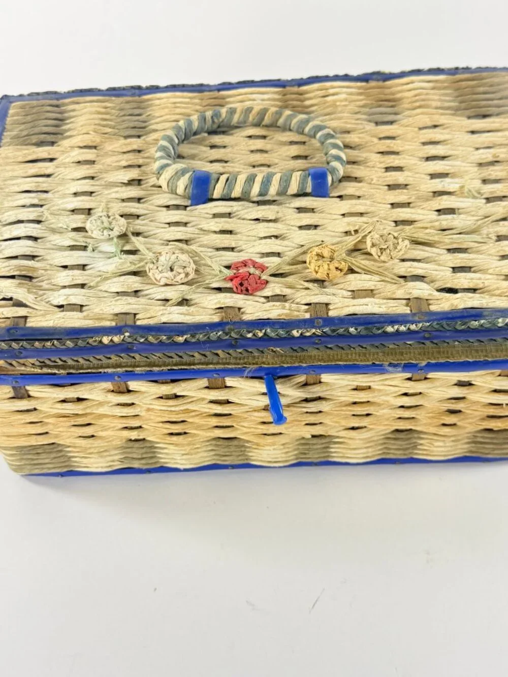 Vintage Woven Sewing Basket With Blue Satin Interior & Assorted Threads